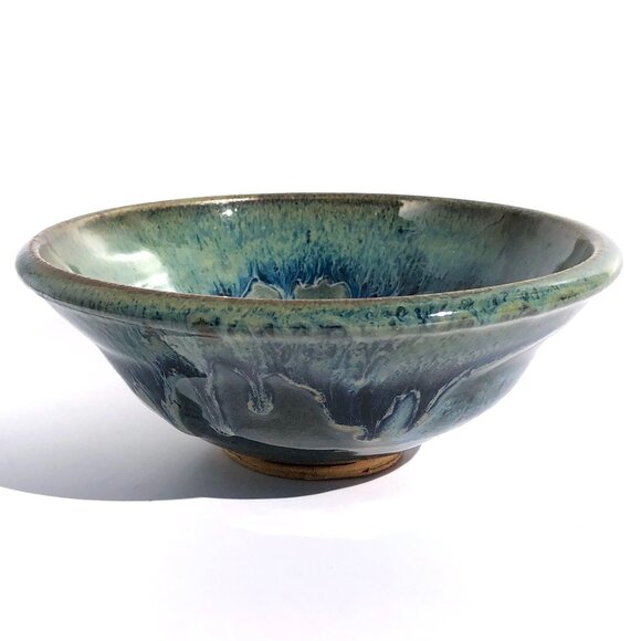 handmade art pottery bowl drip glaze blue green handthrown artisan signed footed - Picture 1 of 16